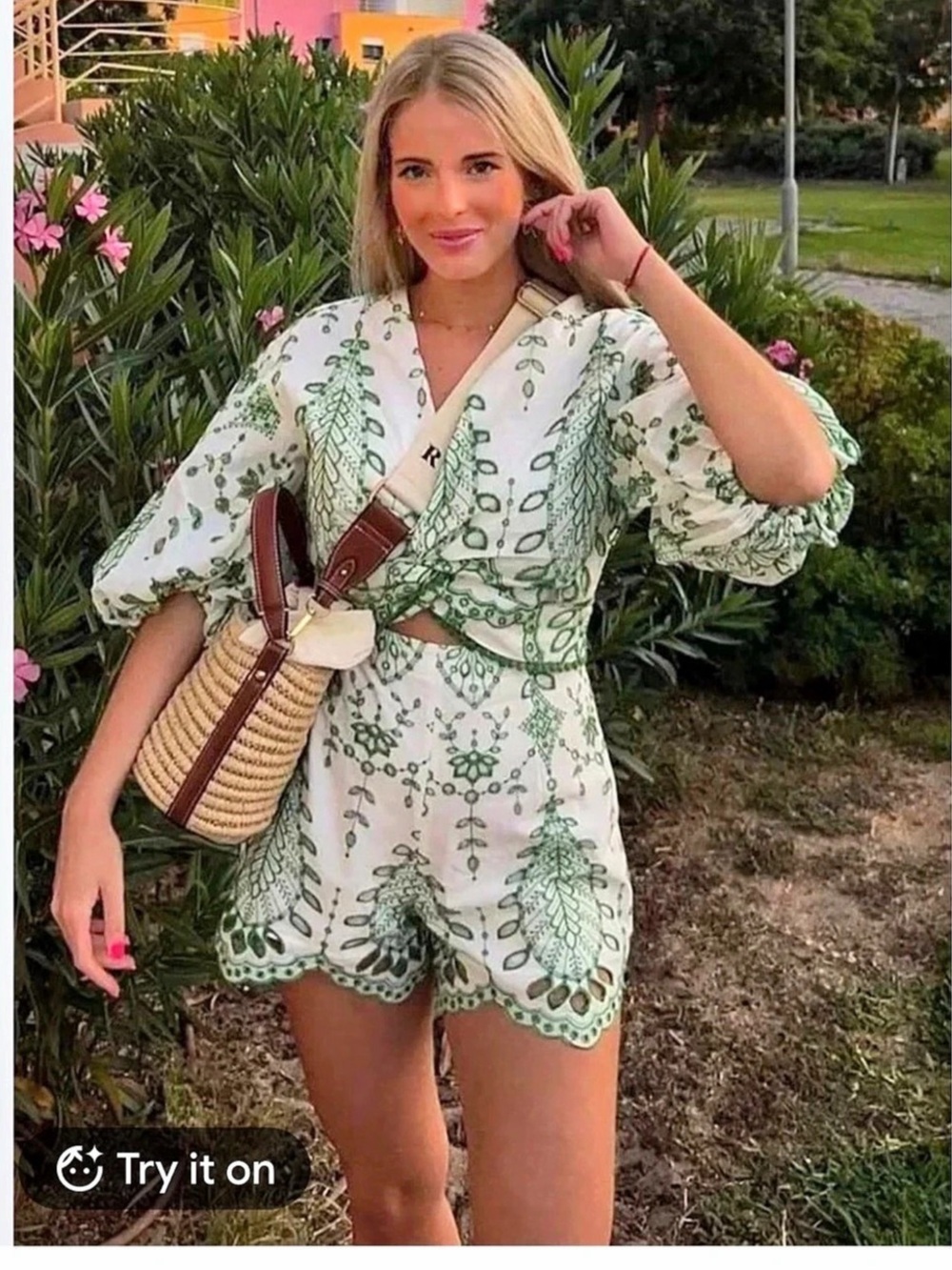 Zara Embroidered Shorts and matching Top Floral White & Green Set